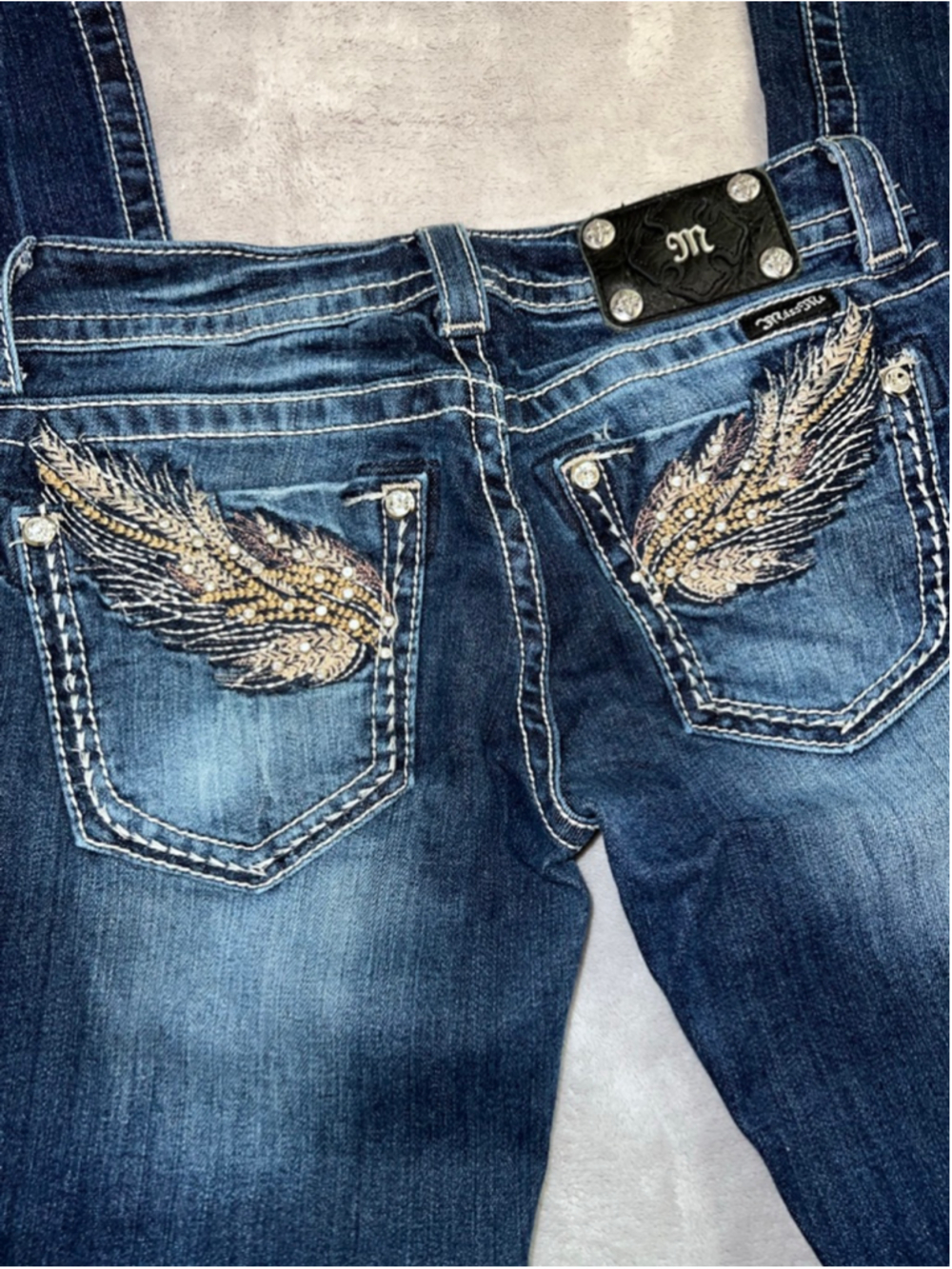 Miss Me Blue Boot Cut Jeans Wing Feather POCKETS MCBLING Size 28 - Picture 7 of 7